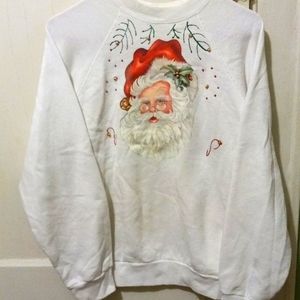 Retro-Tultex Christmas Santa Sweatshirt LG, White w Gold & Red Beads